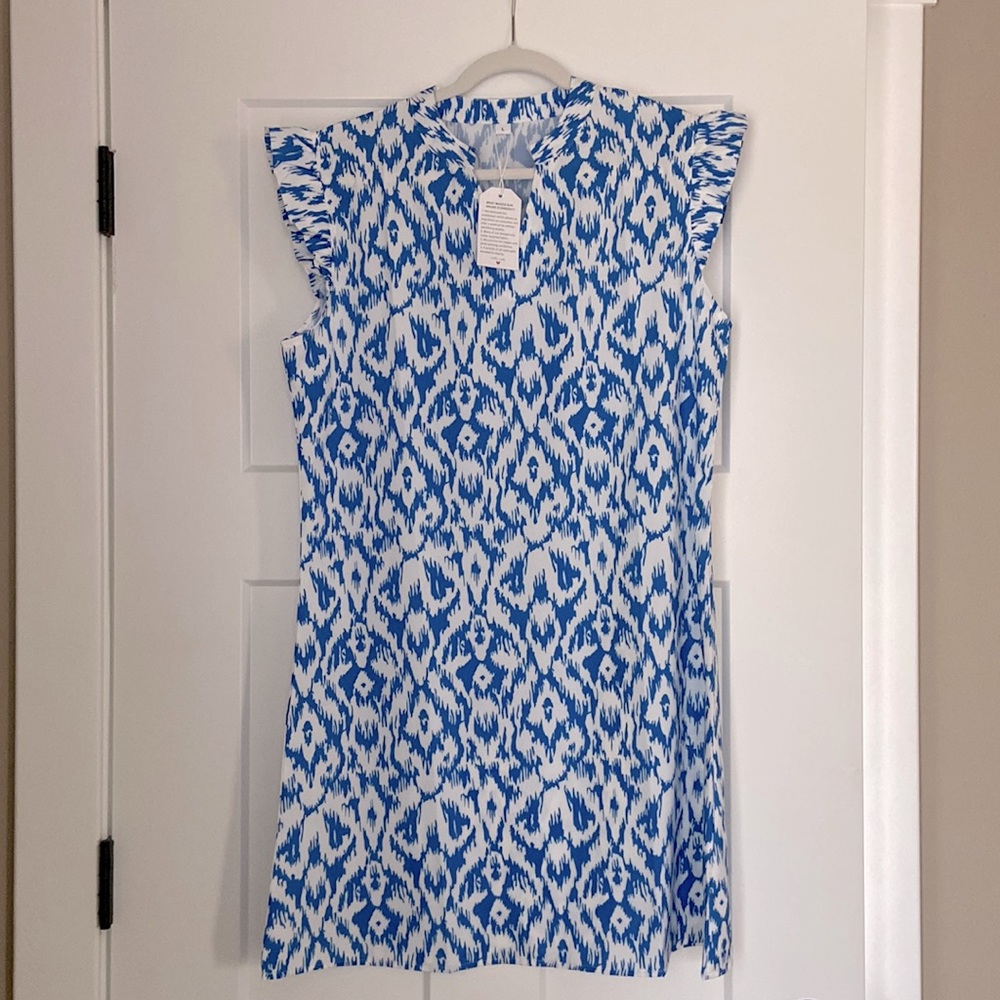 Adorable Spring/Summer Aderez shift dress. Blue/White, cute ruffle sleeves,Vneck